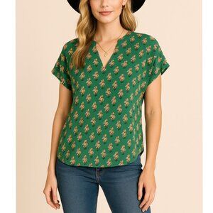Cabi Green Floral Blouse Short Sleeve Flower Boho Cottagecore Shirt Top Size XS